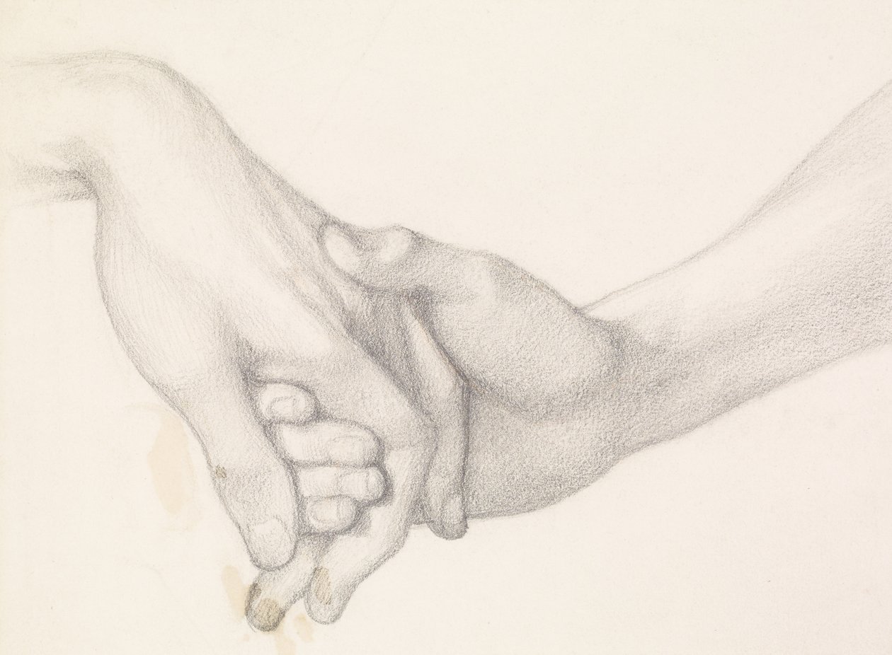 Dantes Traum zur Zeit des Todes von Beatrice - Studie von Dante, der die Hand der Liebe hält von Dante Gabriel Charles Rossetti