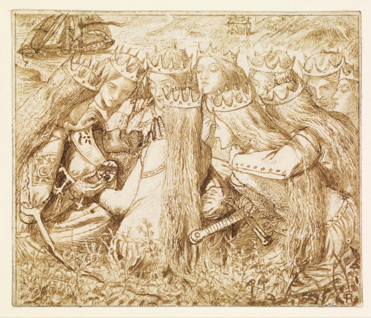 Entwurf für Moxons Tennyson - König Arthur und die weinenden Königinnen von Dante Gabriel Rossetti