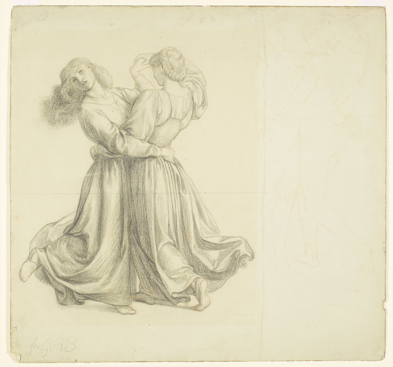 Die Laubenwiese - Draperiestudie für die zwei tanzenden Mädchen von Dante Gabriel Rossetti