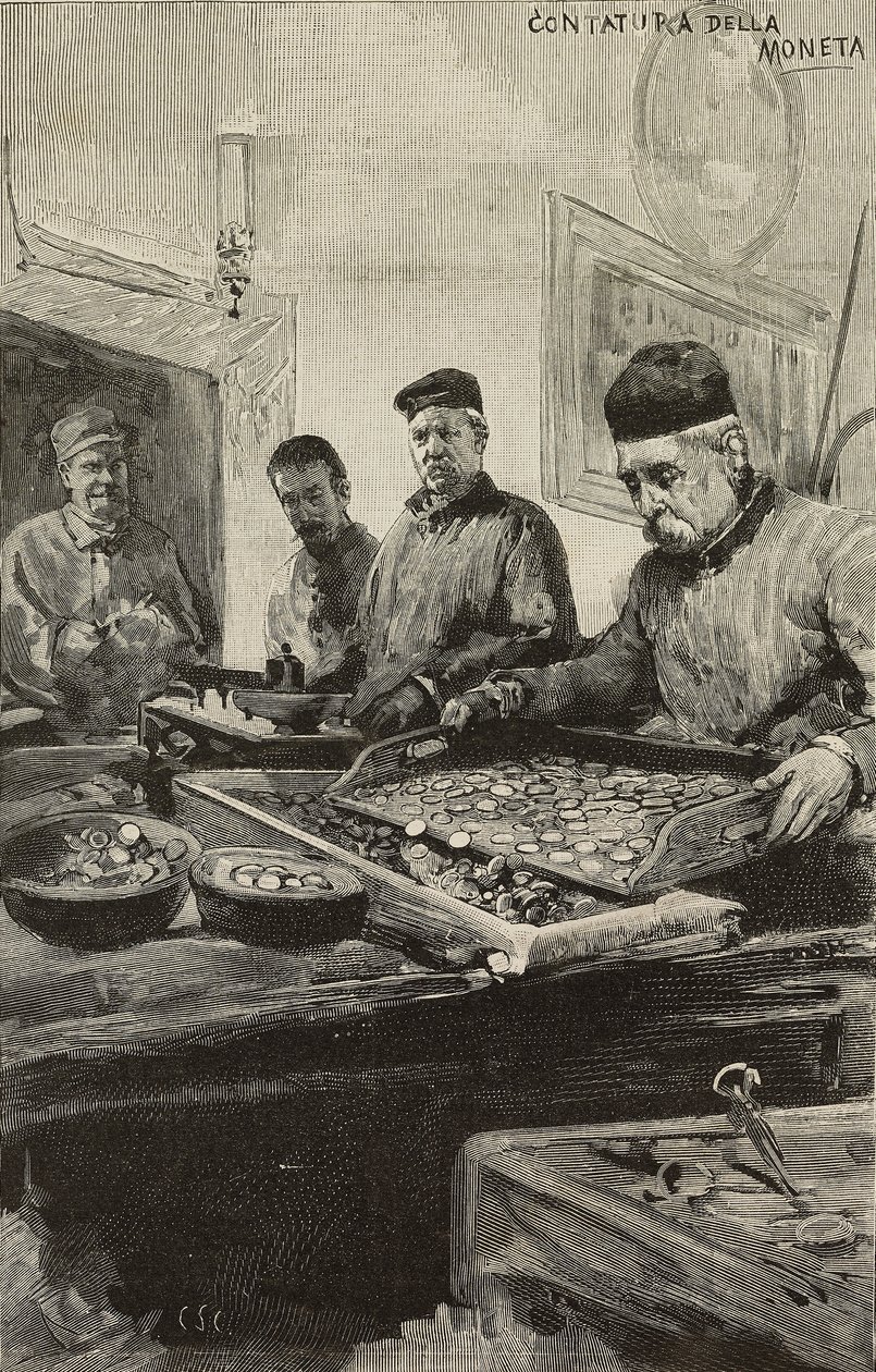 Münzzählung in der Münze von Rom, Italien, Gravur nach Zeichnung von Dante Paolocci, aus L