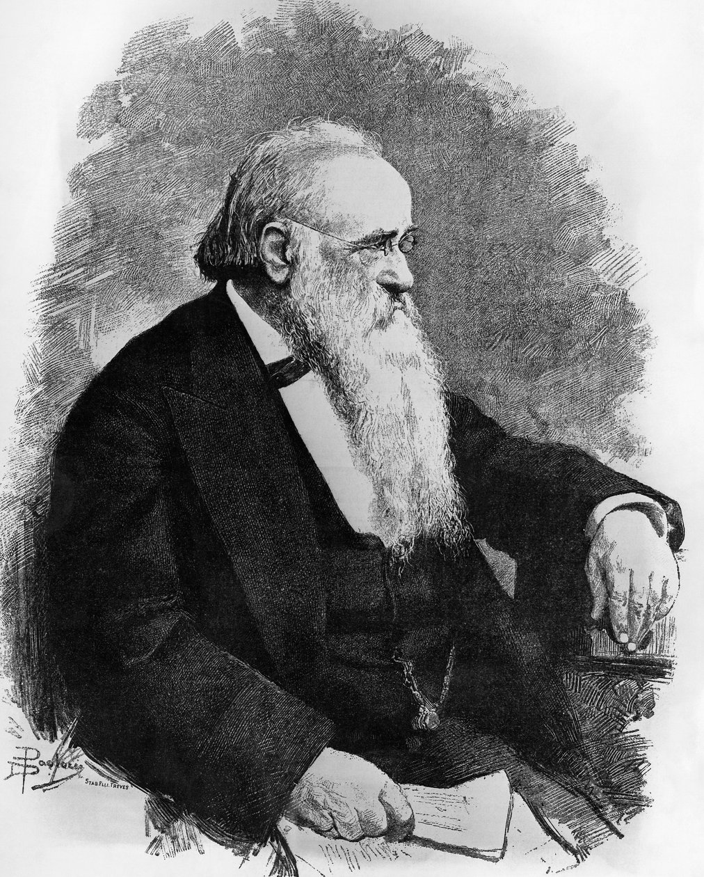 Porträt von Agostino Depretis (1813-1887), italienischer Staatsmann, Zeichnung von Dante Paolocci (1856-1926), Gravur aus 