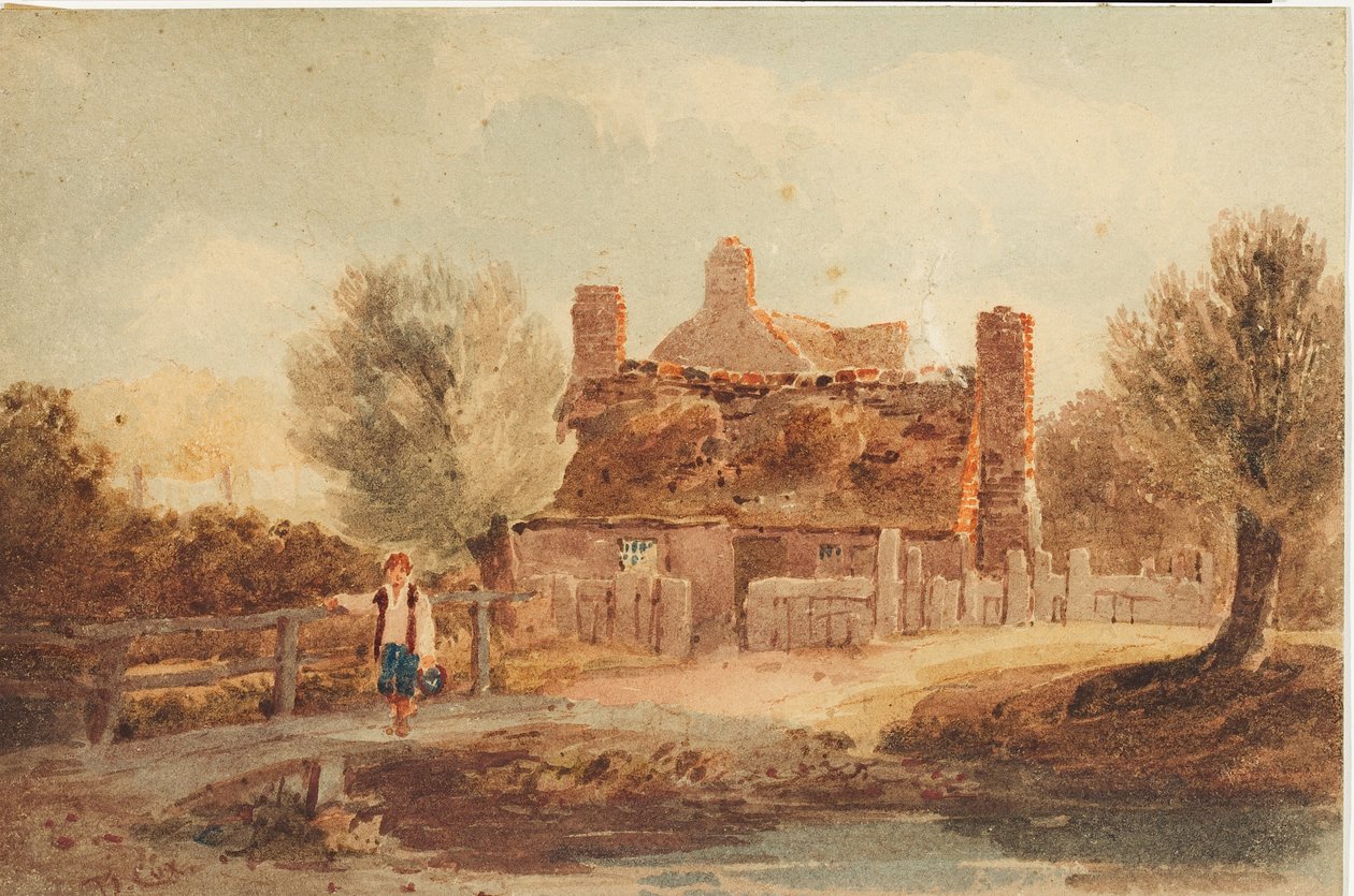 Landschaftsszene - Haus an einem Teich von David Cox