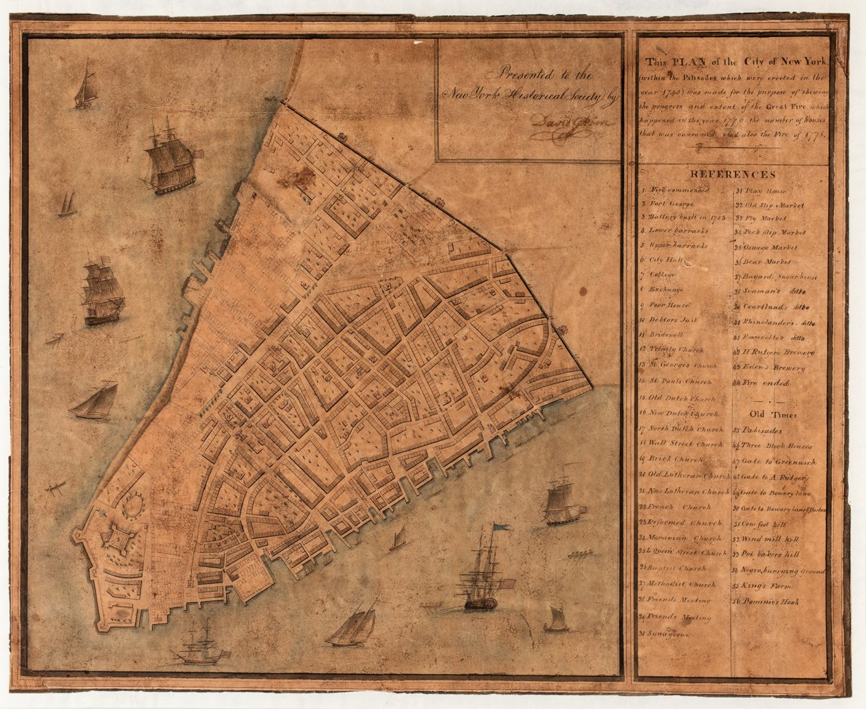 Plan der Stadt New York zur Darstellung des Fortschritts und Ausmaßes des Großen Feuers von 1745 von David Grim