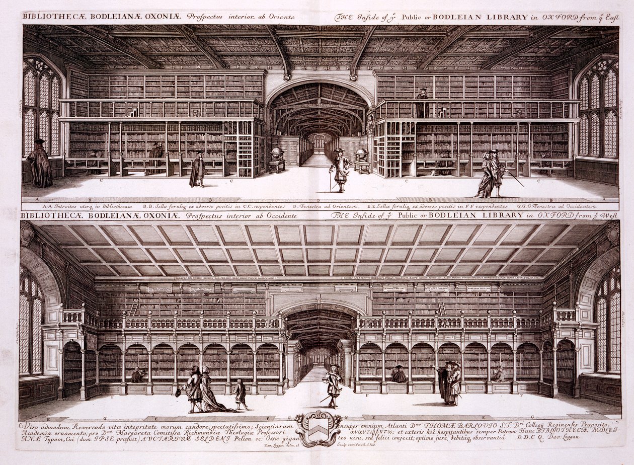 Innenansicht der Bodleian-Bibliothek, Oxford, aus Oxonia Illustrata, 1675 von David Loggan
