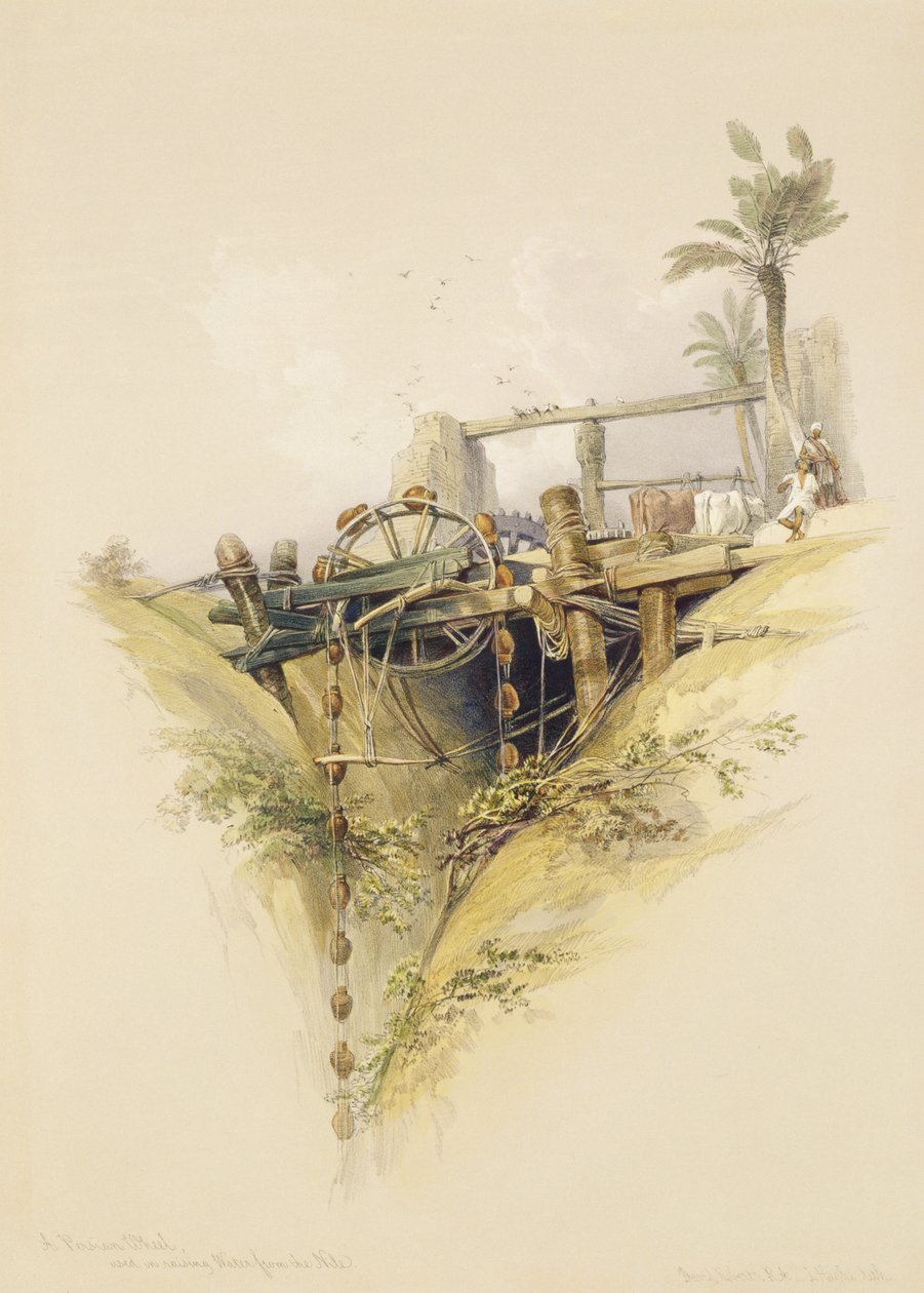 Ein persisches Wasserrad, verwendet zum Heben von Wasser aus dem Nil, aus Ägypten und Nubien, Bd.1 von David Roberts