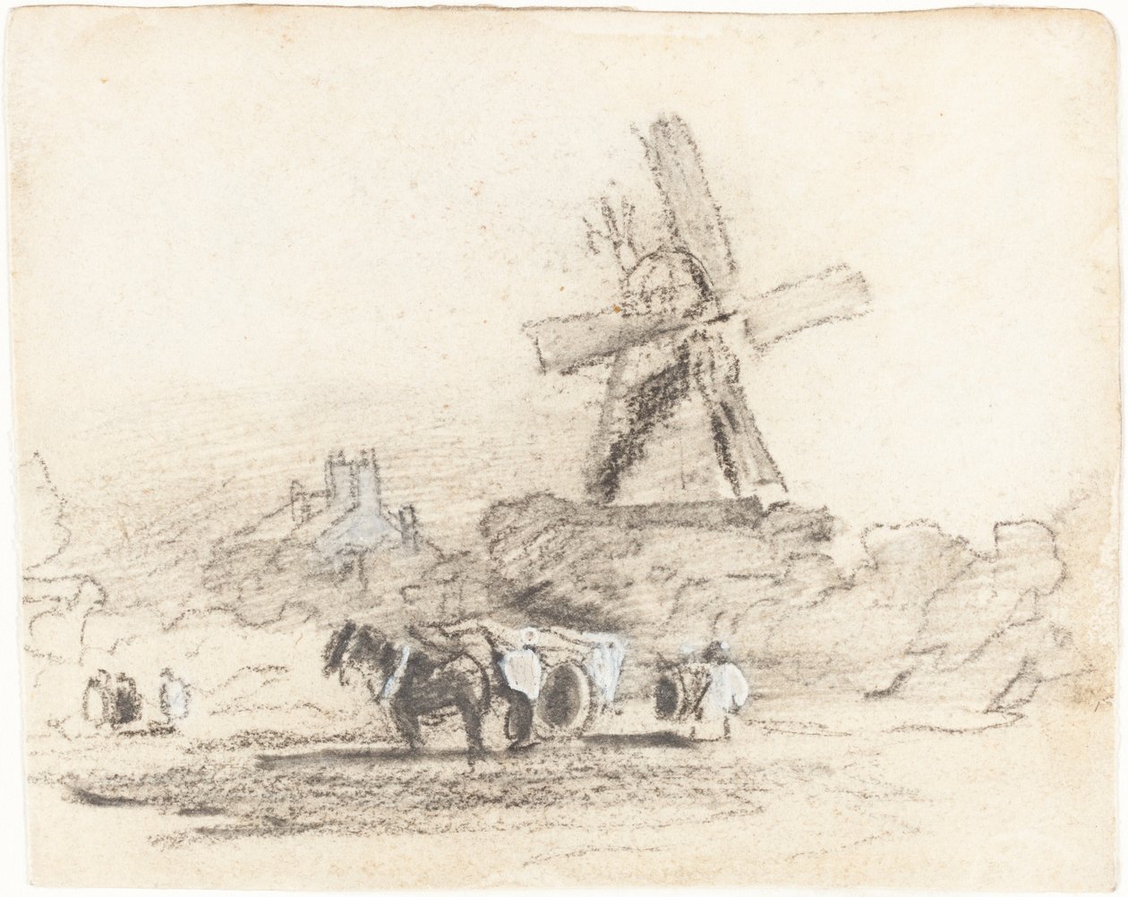 Ein Wagen mit zwei Pferden in der Nähe einer Windmühle von David Cox