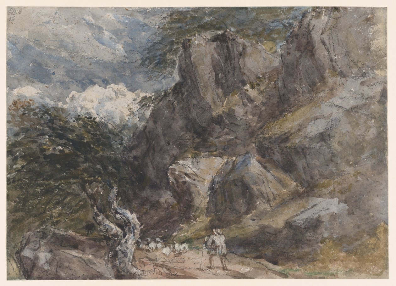 Schafe treiben in einer felsigen Landschaft von David Cox