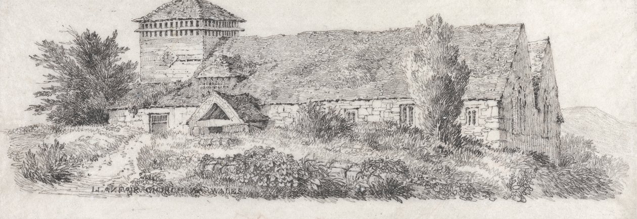 Llanfair Kirche, Nordwales für A Treatise on Landscape Painting and Effect in Water Colours von David Cox