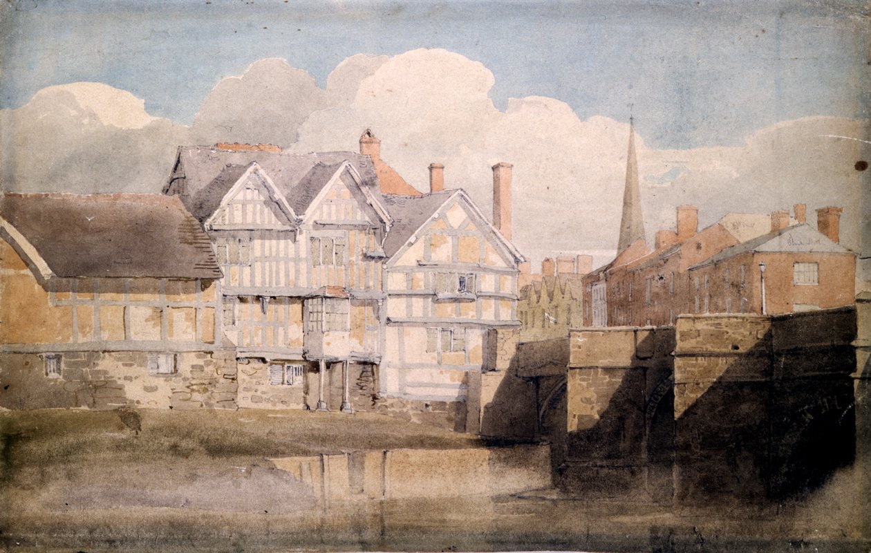 Alte Häuser und Wye-Brücke, Hereford, 1820 von David Cox