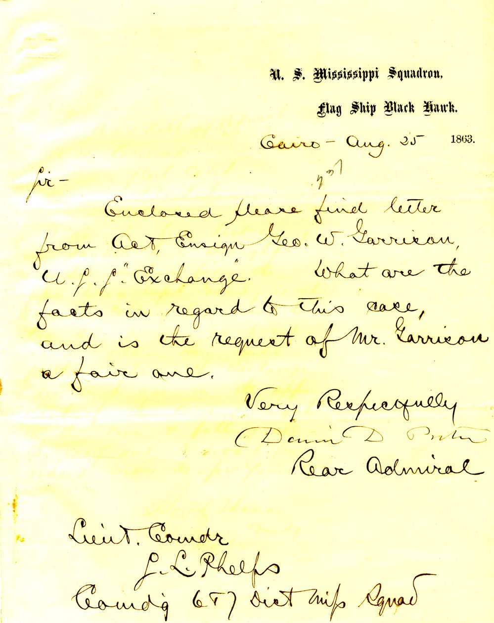 Brief von David D. Porter, U. S. S. Black Hawk, Kairo, Illinois, an Seth Ledyard Phelps, 25. August 1863 von David D. Porter