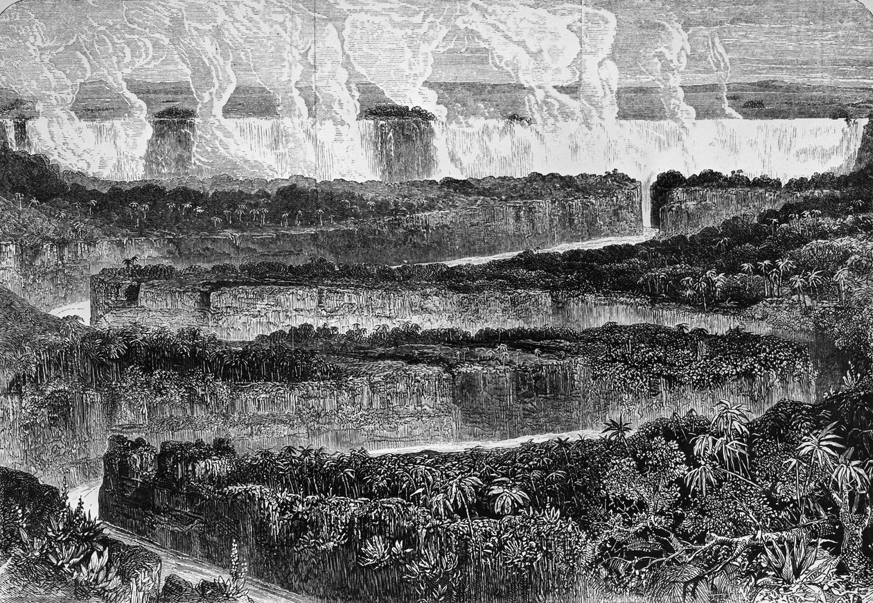 Blick auf die großen Katarakte des Sambesi, bekannt als Mosi-oa-Tunya oder Victoriafälle, Sambia, Kupferstich aus Erzählung der Expedition zum Sambesi und seinen Nebenflüssen, von David Livingstone und Charles Livingstone, London von David Livingstone