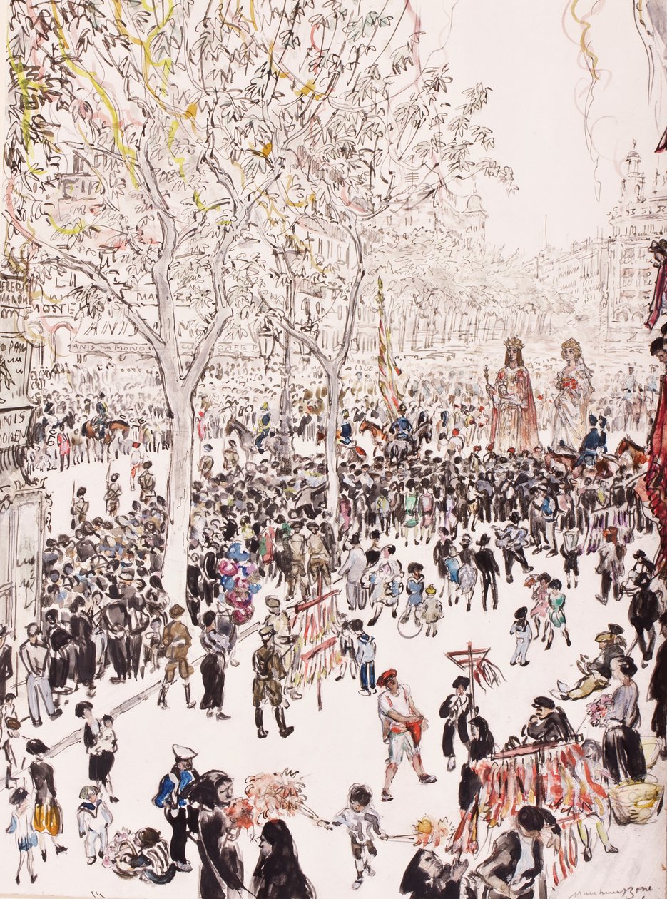 Die Flagge der Stadt und die Riesen, Fronleichnamsprozession, die Ramblas, Barcelona, 8. Juni von David Muirhead Bone