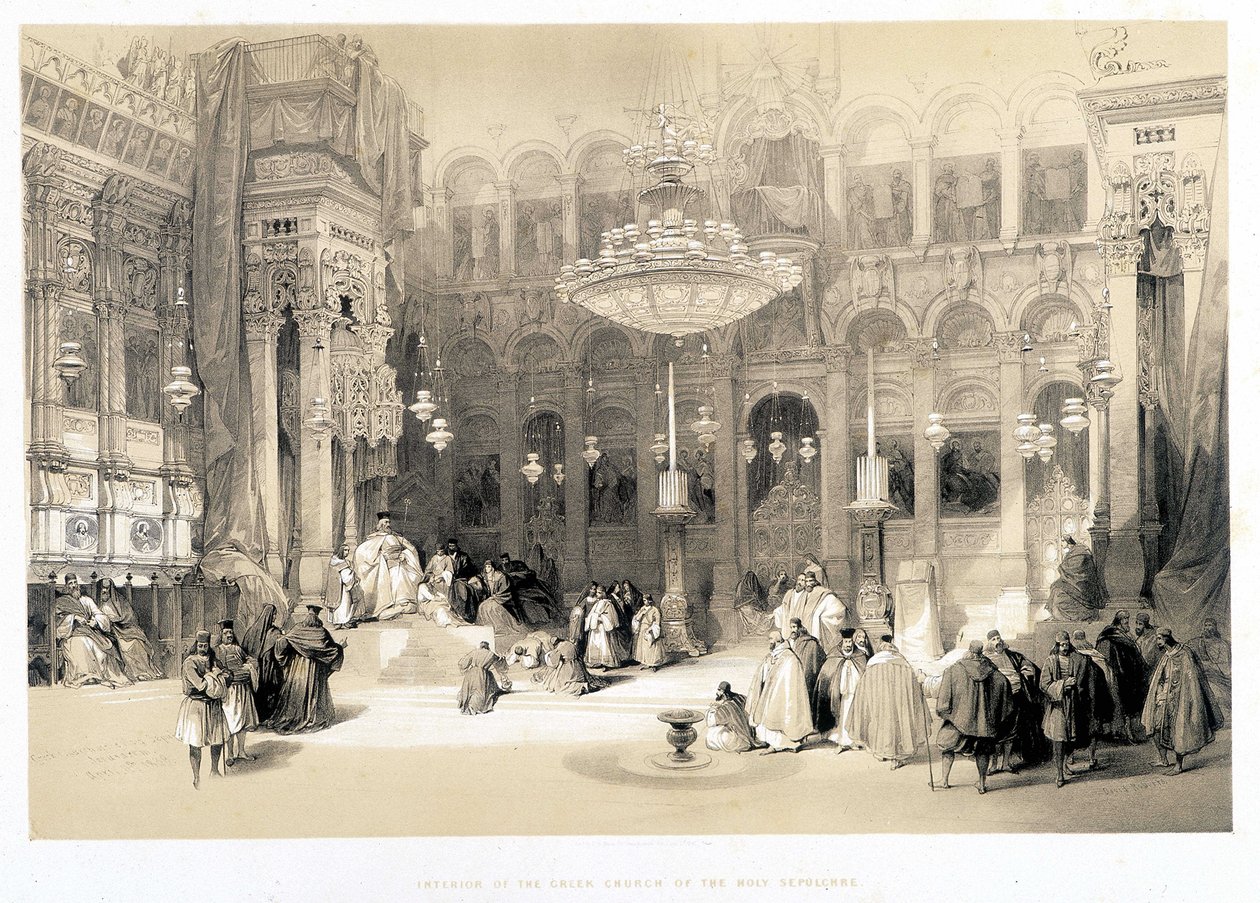 Innenraum der Kirche des Heiligen Grabes, Zeichnung vom 11.04.1839 in „Das Heilige Land“, London 1849 von David Roberts