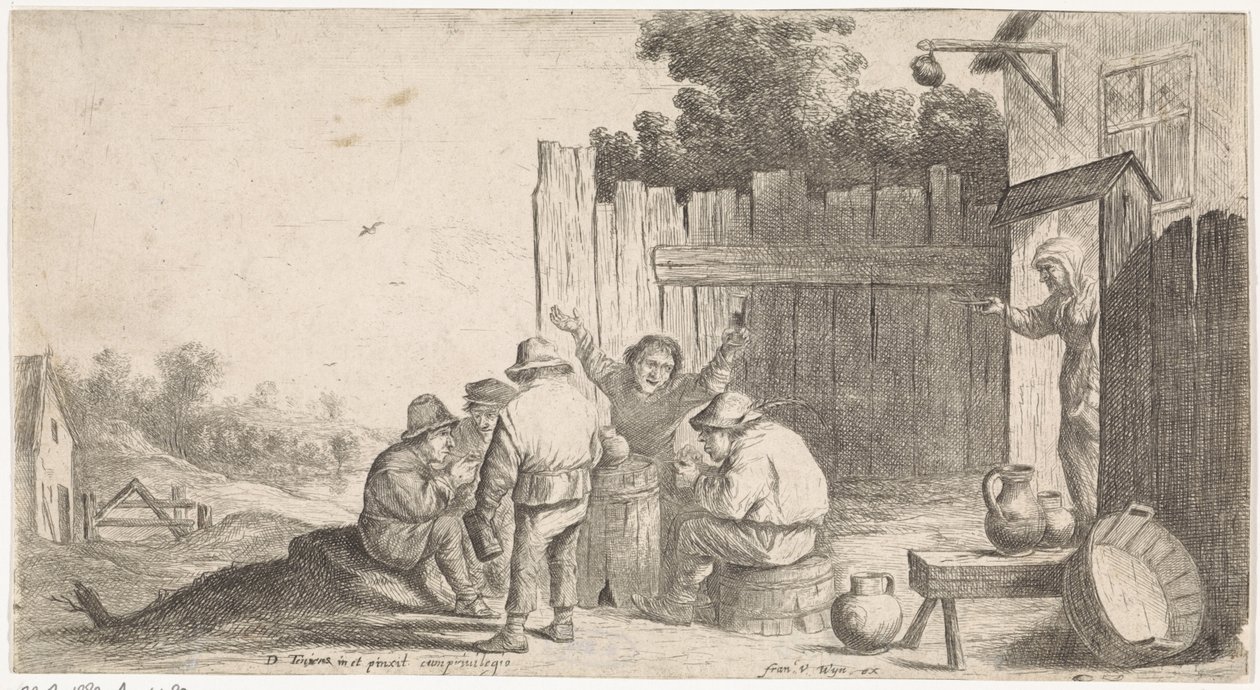 Fünf Bauern um ein Fass (Genre-Szenen im Freien) von David Teniers (II) (attributed to workshop of)