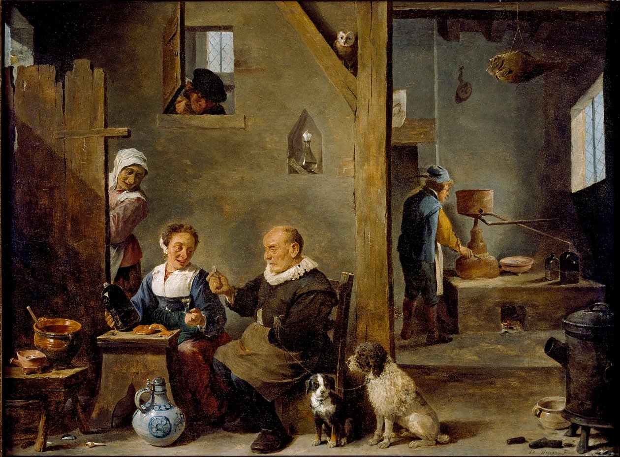 Eine Brennerei mit einem älteren Mann, der Gin von einer Frau kauft, ca. 1640-1649 von David Teniers II