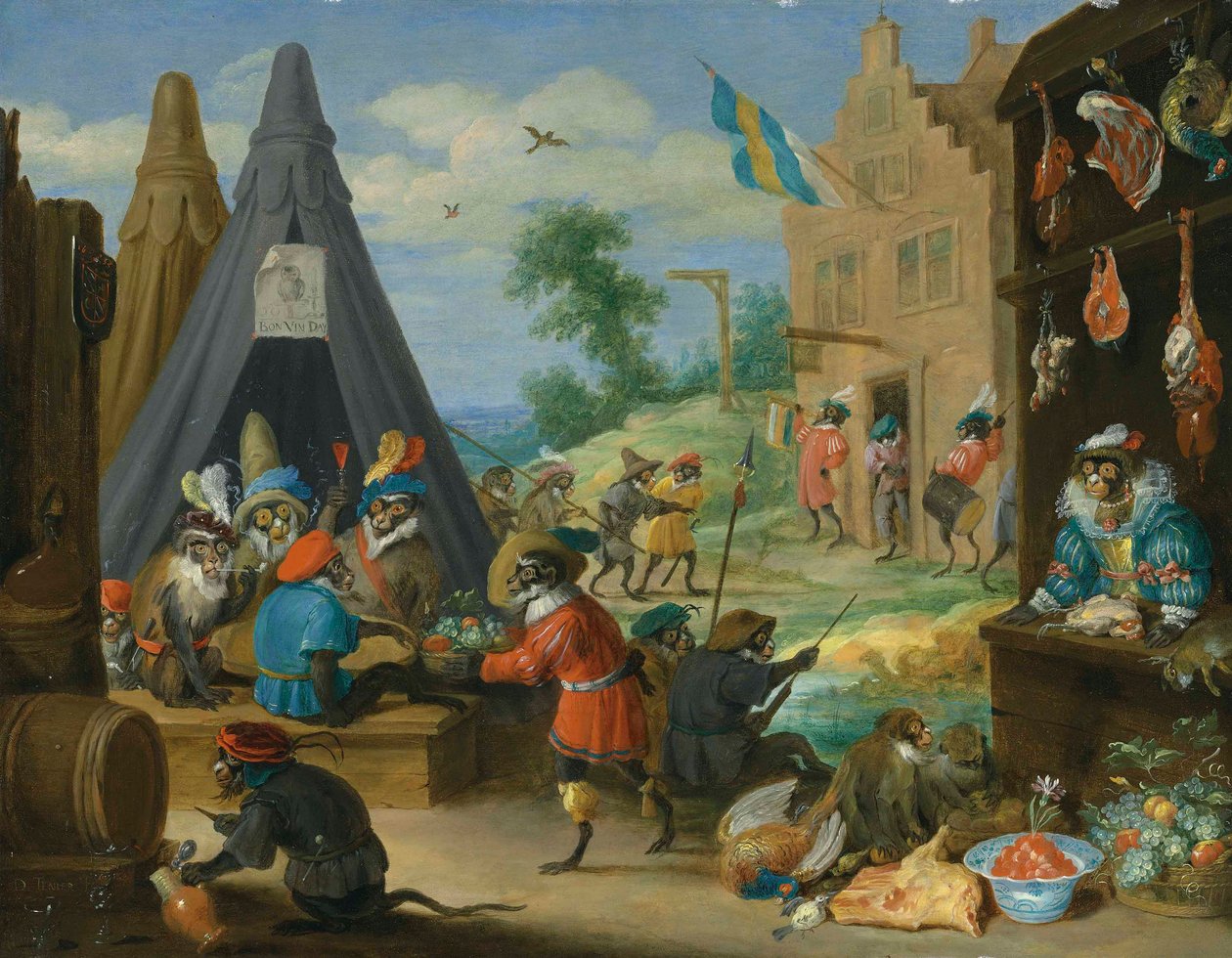 Ein Affenfest (Affen als Soldaten verkleidet in einem Lager nahe einer Stadt) von David Teniers the Younger