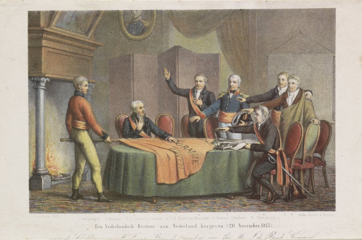 Übernahme der hohen Regierung durch das Dreimännerkollegium im Namen des Prinzen von Oranien, 21. November 1813 von David van der Kellen