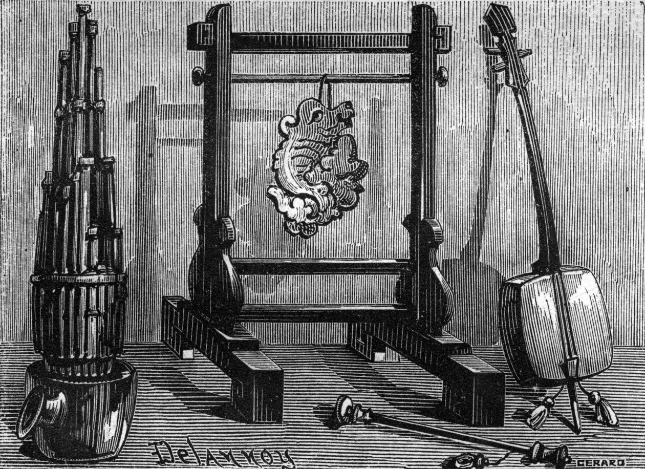 Chinesische Musikinstrumente: Orgel, Klangstein und Geige. von Delannoy Delannoy