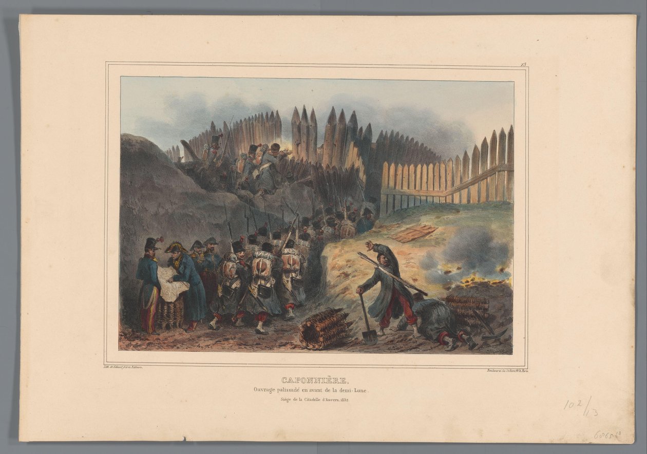 Gruppe Soldaten zieht durch eine Öffnung in der Palisade, 1832 von Denis Auguste Marie Raffet