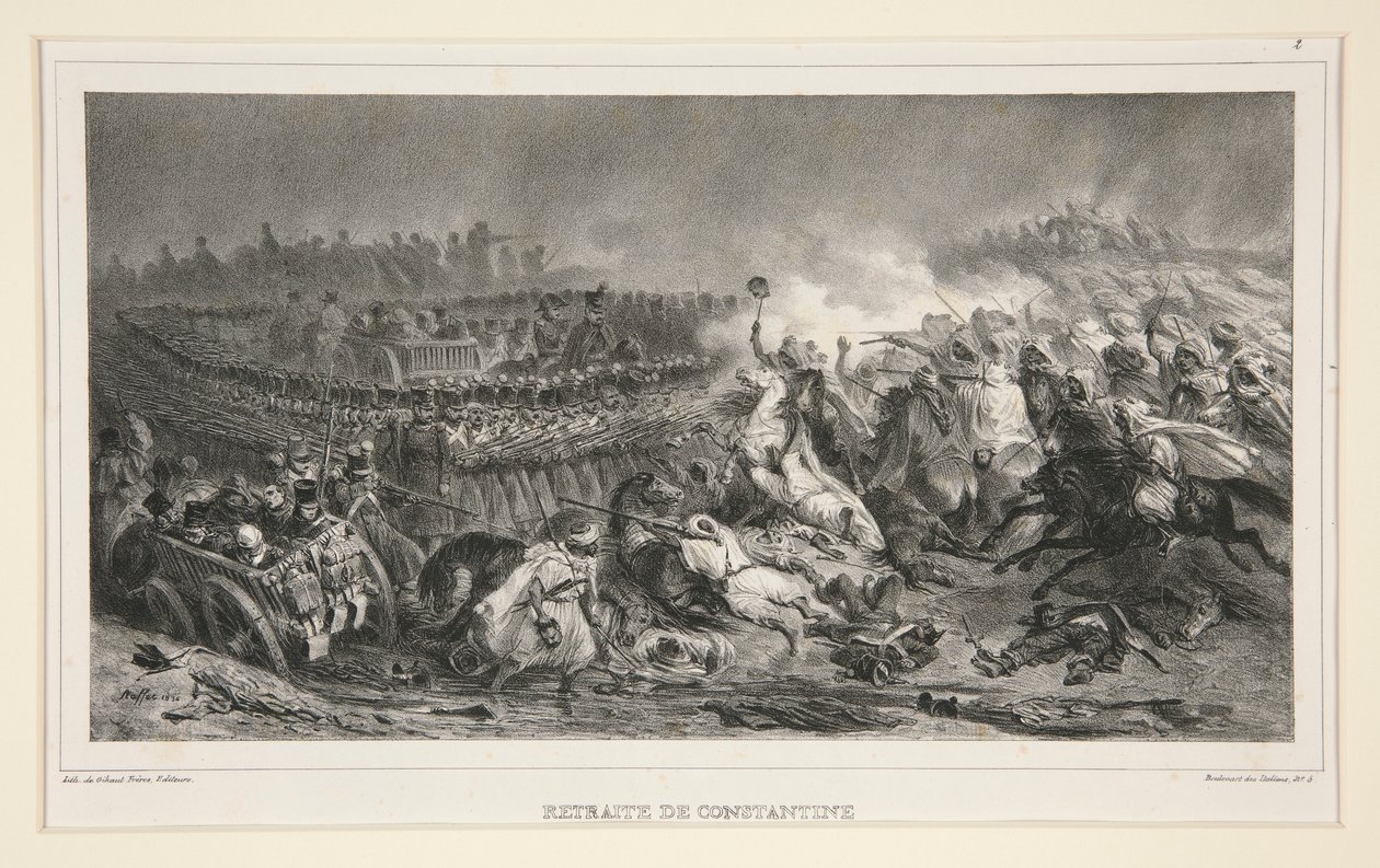 Die 2. leichte Kavallerie widersteht dem Ansturm der Araber, aus einem Satz von sechs, betitelt Retraite de Constantine von Denis Auguste Marie Raffet