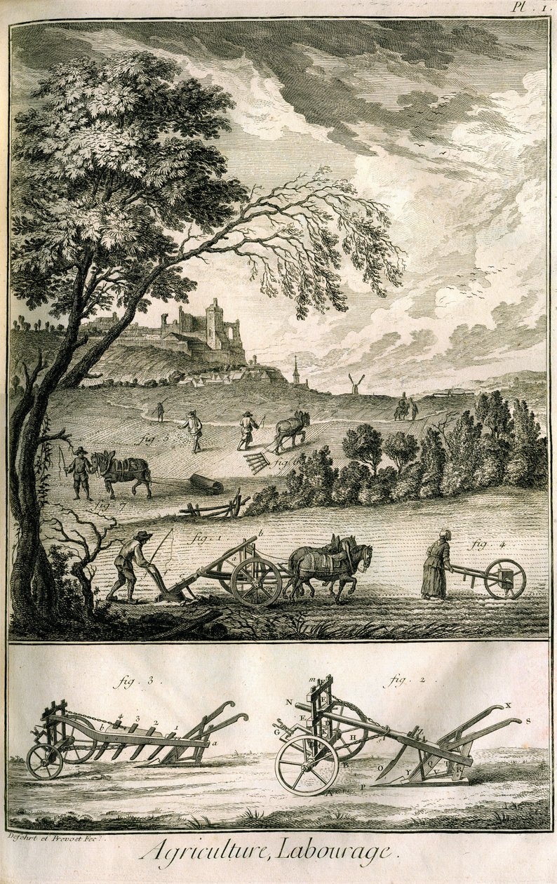 Feldarbeit - Landwirtschaft, Aussaat, Pflügen. Verschiedene Modellrollen und Pflüge: Tafel eines Bandes von Illustrationen aus der Encyclopédie von Diderot, Originalausgabe 1762 von Denis Diderot