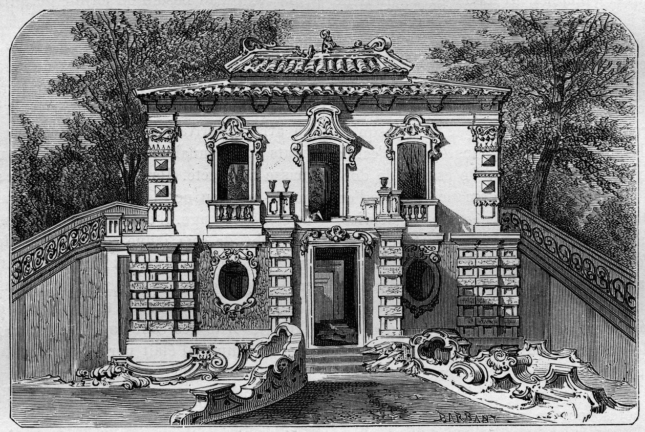 Yuanmingyuan Europäischer Palast, der perfekte Klarheitsgarten im Sommerpalast in der Nähe von Peking (Beijing). Gravur nach einer Zeichnung von Deroy, in Le Tour du Monde, Nouveau journal des Voyages, herausgegeben von Edouard Charton, Paris von Deroy (after)