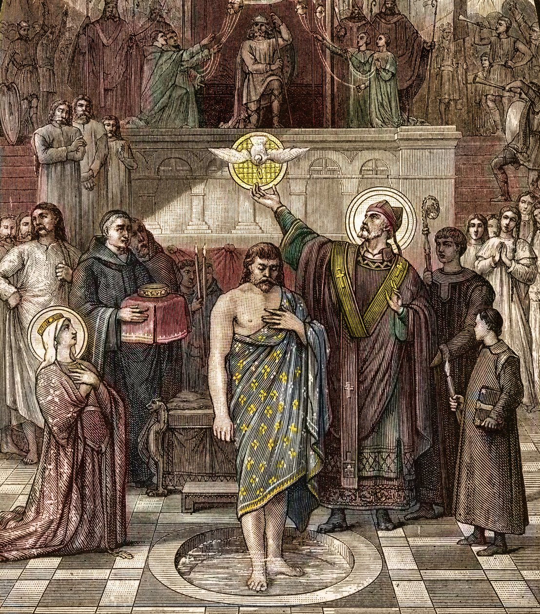 Der heilige Remigius tauft Chlodwig in Reims - Die Taufe des Königs der Franken Chlodwig I. in Reims durch den Bischof Saint Remi am 25.12.496 (oder 499) - Gravur nach dem Gemälde von Désiré François Laugée von Desire Francois Laugee