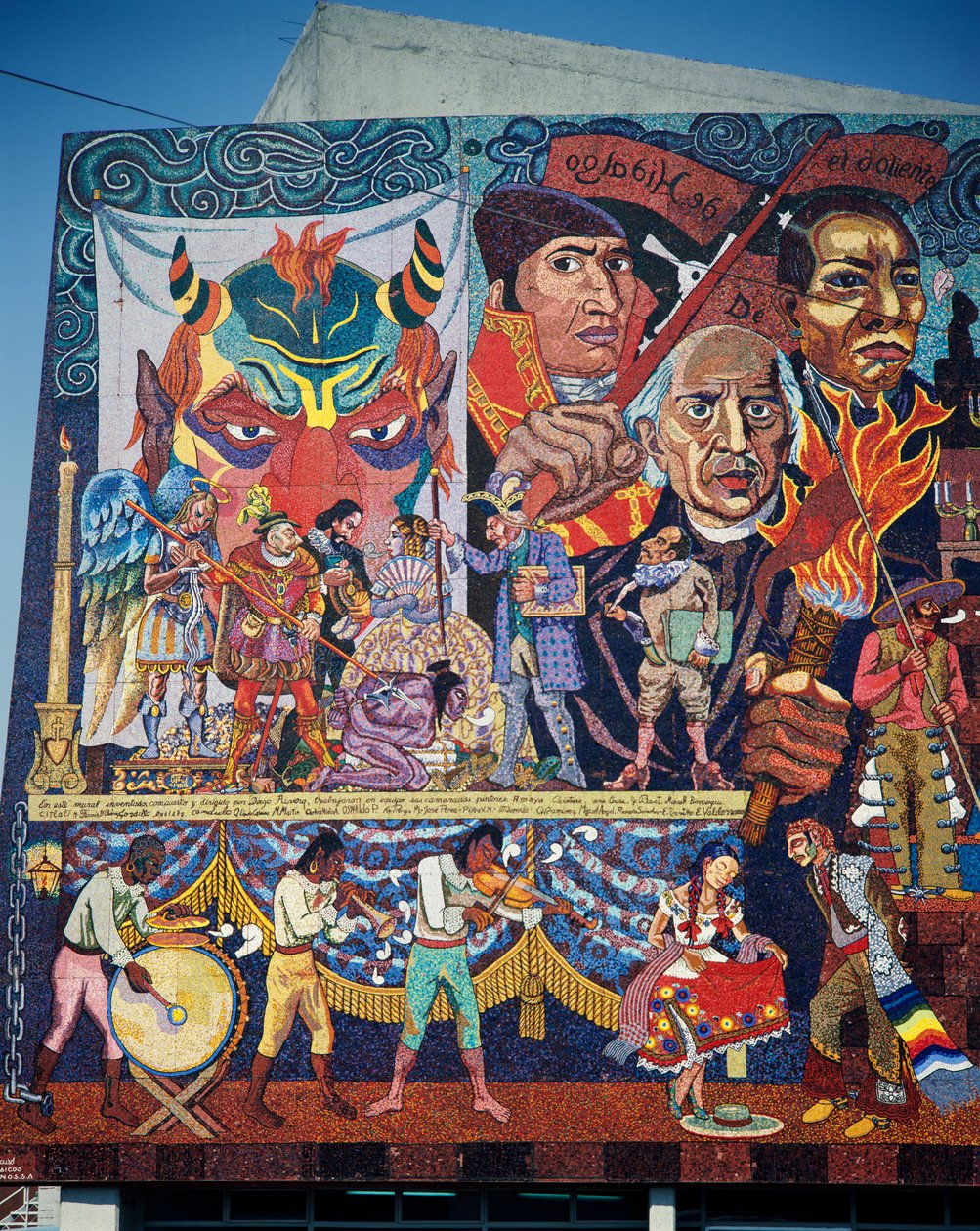 Hidalgo, Morelos und Juarez, Helden des Unabhängigkeitskampfes, Detail des Mosaik-Wandgemäldes an der Fassade des Theaters der Aufständischen, Mexiko-Stadt. Mexiko, 20. Jahrhundert. von Diego Rivera