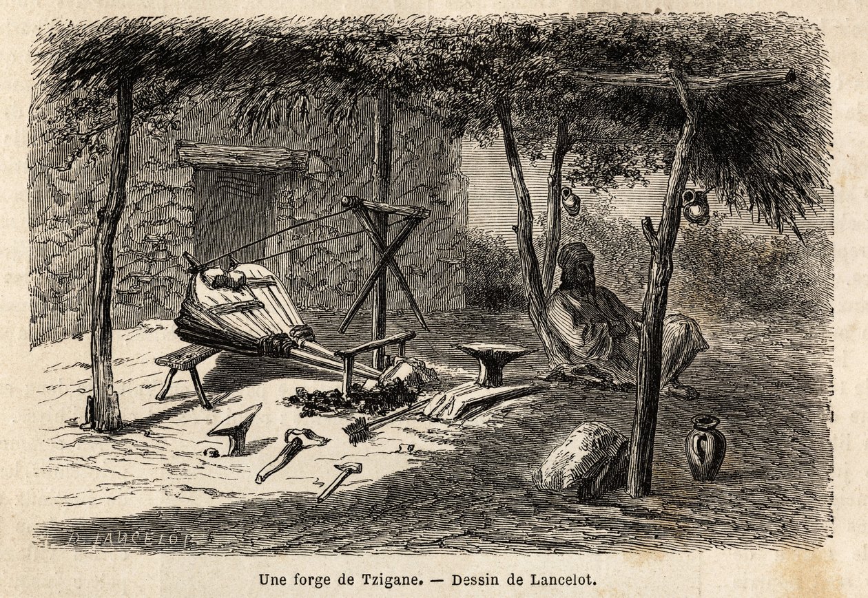Eine Zigeunerschmiede in der Region Walachei, Rumänien. Gravur zur Illustration der Reise von Paris nach Bukarest, von Lancelot, Zeichner, 1860, veröffentlicht in „Le tour du monde, nouveau journal des voyages“, unter der Leitung von Edouard Charton von Dieudonne Auguste Lancelot