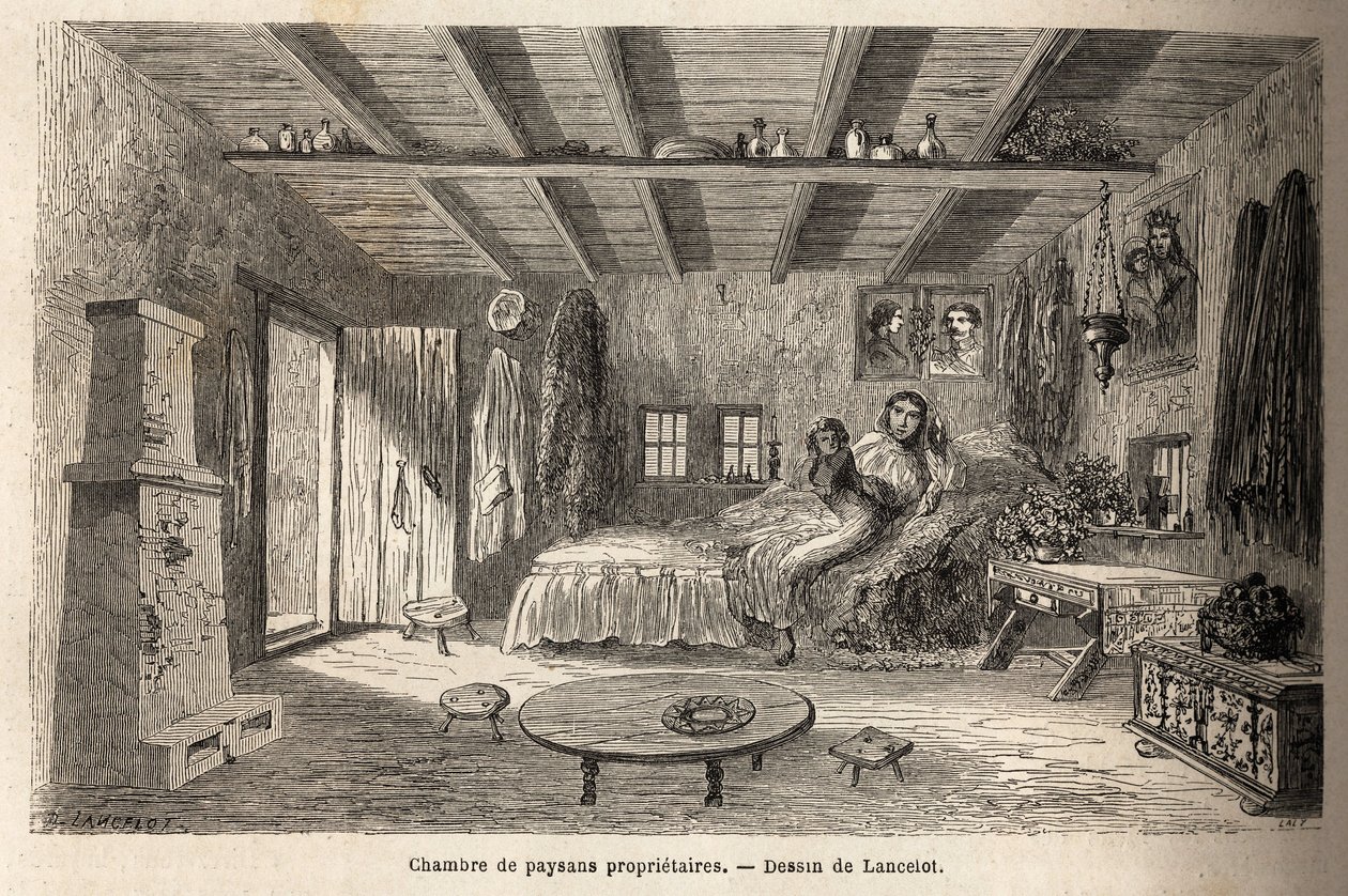 Ein Haus von Bauernbesitzern, in der Nähe von Orezu (Region Walachei, Rumänien). Gravur zur Illustration der Reise von Paris nach Bukarest, von Lancelot, Zeichner, 1860, veröffentlicht in „Le tour du monde, nouveau journal des voyages“, unter der Leitung v von Dieudonne Auguste Lancelot