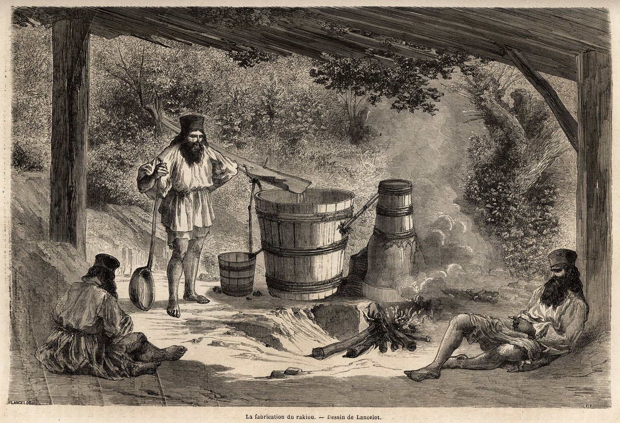 Die Herstellung von Rakiou, Getreidealkohol, eine Art Schnaps, der in Rumänien sehr verbreitet ist. Gravur zur Illustration der Reise von Paris nach Bukarest, von Lancelot, Zeichner, 1860, veröffentlicht in „Le tour du monde, nouveau journal des voyages“,  von Dieudonne Auguste Lancelot