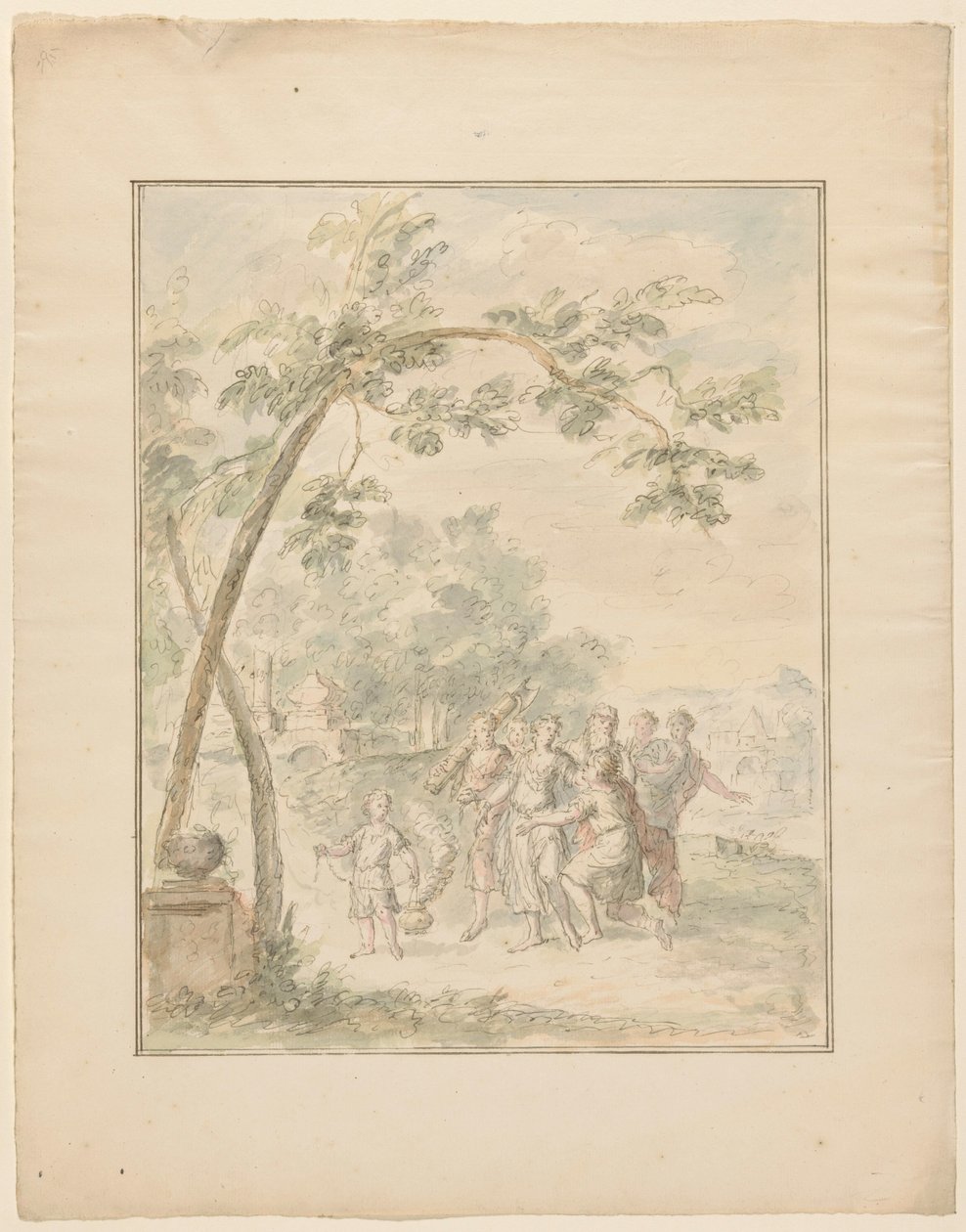 Entwurf für eine Zimmerbemalung einer Landschaft mit einer Gruppe von Personen von Dionys van Nijmegen
