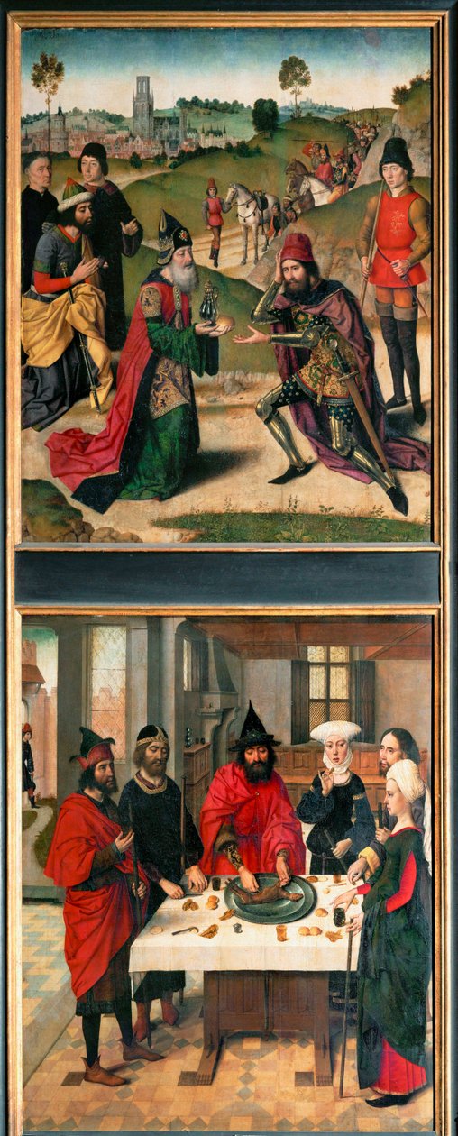 Altar des letzten Abendmahls, linker Flügel: oben: Abraham und Melchisedek von Dirck Bouts