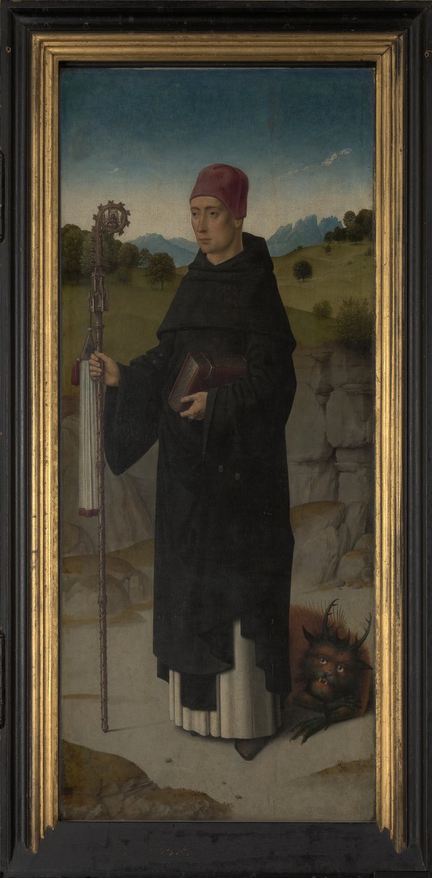 St. Bernhard, linkes Flügelbild des Triptychons von St. Erasmus, ca. 1460 von Dirck Bouts