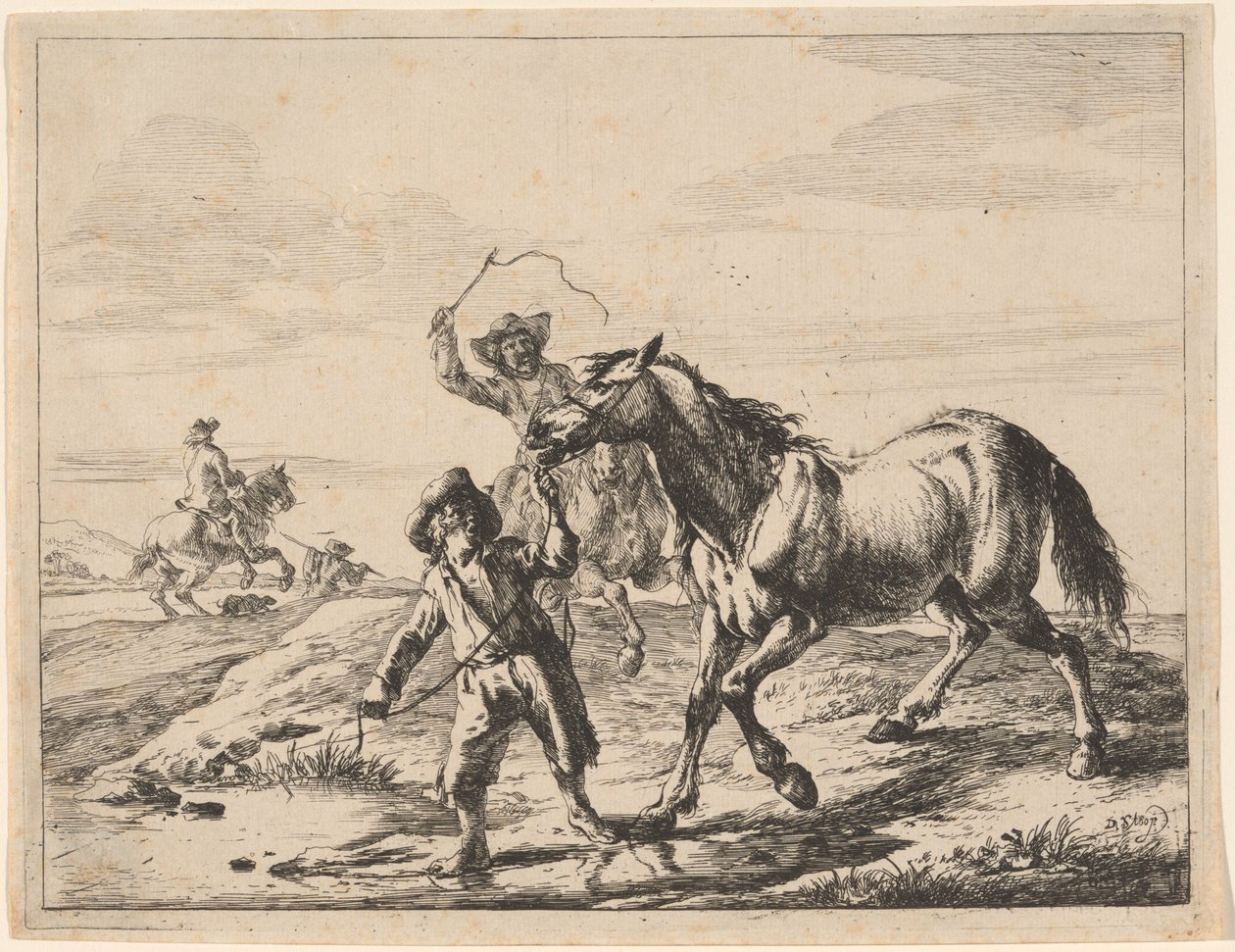 Ein Junge bringt ein Pferd zum Trinken von Dirck Stoop