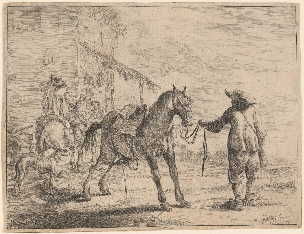 Ein pissendes Pferd, gehalten von einem Mann von Dirck Stoop