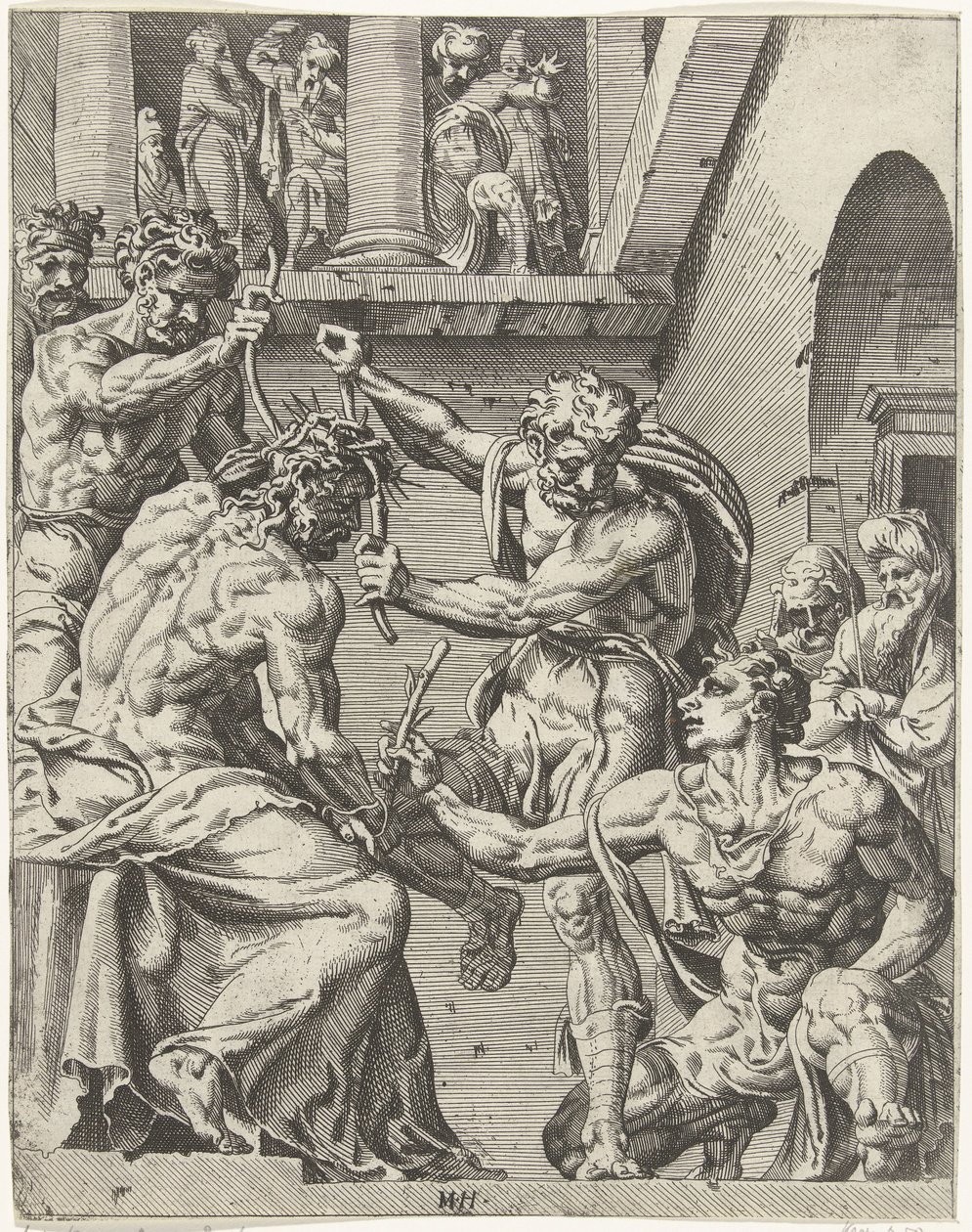 Christus wird mit der Dornenkrone gekrönt von Dirck Volckertsz. Coornhert (attributed to)