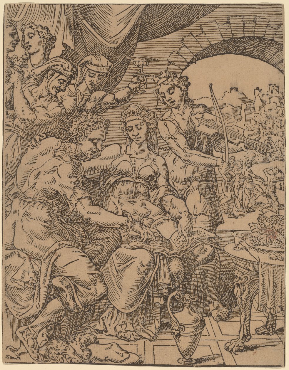 Der verlorene Sohn verschwendet sein Erbe mit Huren von Dirck Volckertz Coornhert after Maerten van Heemskerck