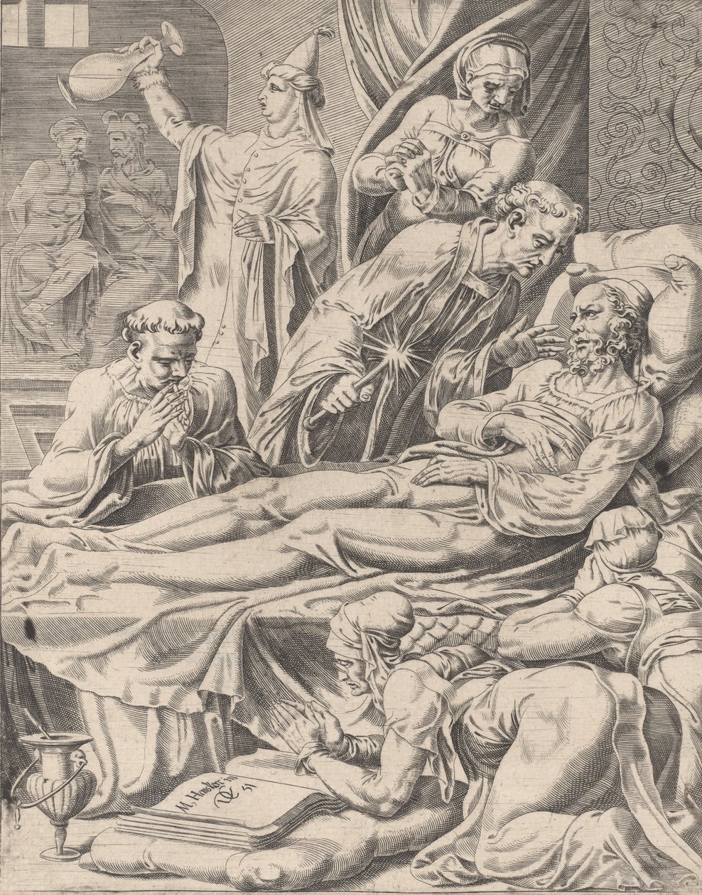 Der reiche Mann auf seinem Sterbebett, aus Das Gleichnis von Lazarus und dem reichen Mann, Platte 2, 1551 von Dirck Volkertsen Coornhert