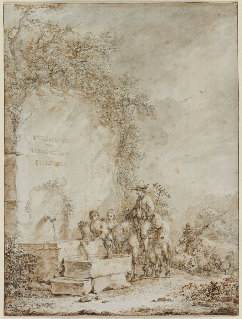 Frontispiz für ein Album von Zeichnungen: Bauern an einem Brunnen (recto) von Dirk Langendijk