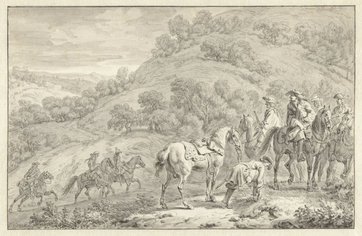 Berglandschaft mit abgestiegenem Reiter und anderen Jägern zu Pferd von Dirk Maas