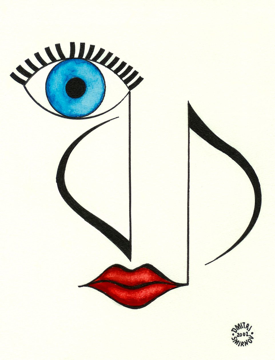 Musikalisches Gesicht - ein Gesicht mit einem Auge und Lippen, gezeichnet mit musikalischer Notation von Dmitri Smirnov