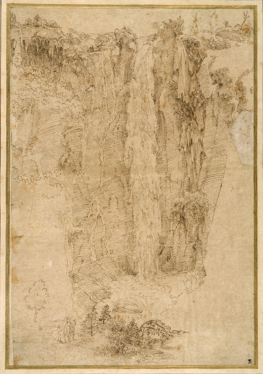 Landschaft mit einem Wasserfall; am Fuß zwei Männer, einer beritten von Domenichino