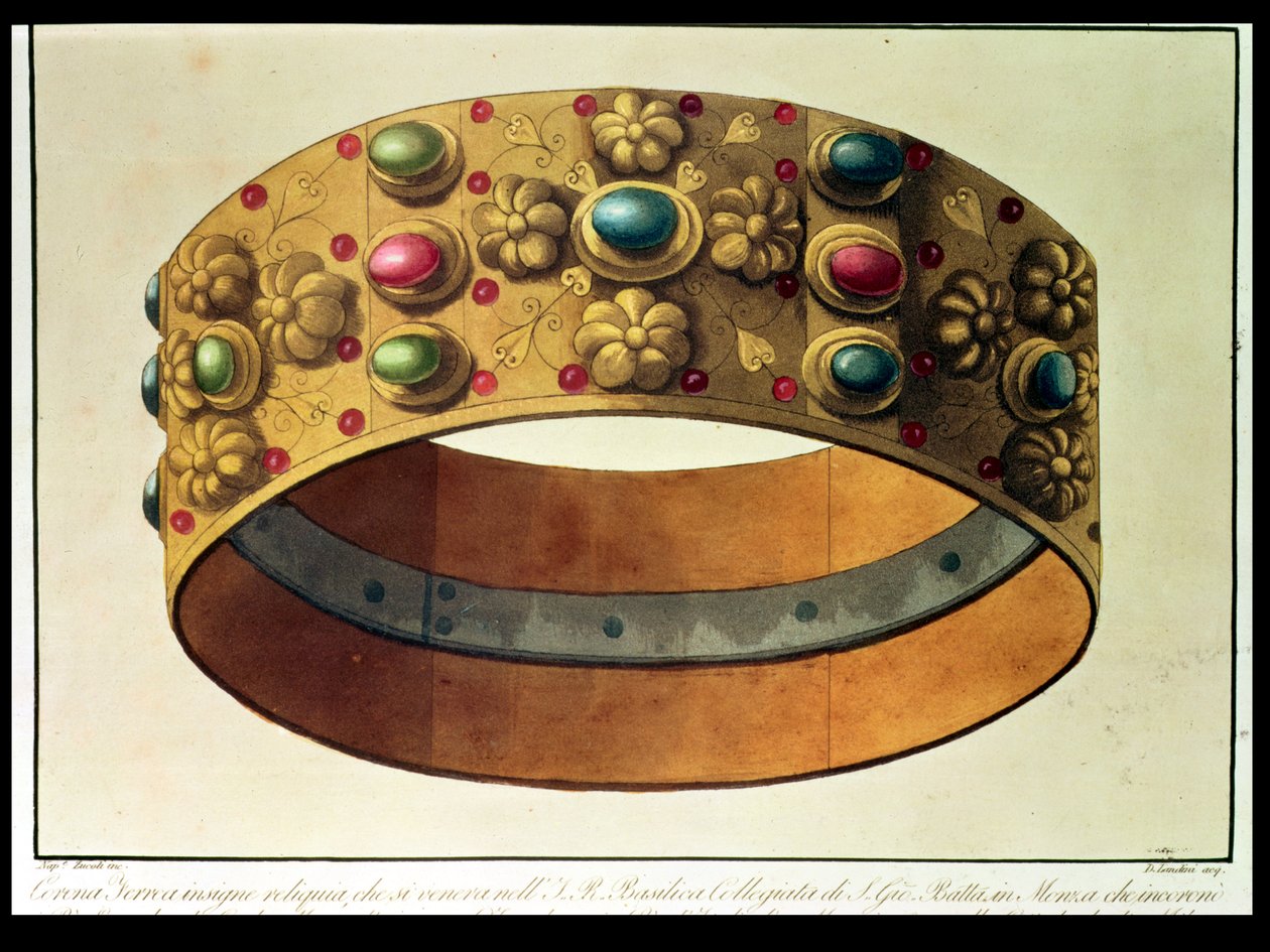 Die Eiserne Krone der Lombardei, die Karl der Große 777 und Napoleon 1805 in der Kathedrale von Mailand krönte, graviert von D. Landini von Domenico (after) Landini