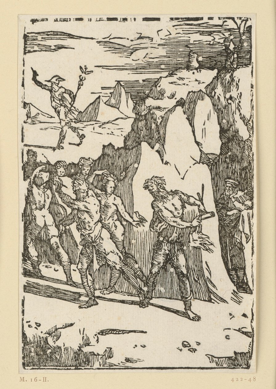 Allegorie der Metallgewinnung. Die Metalle haben das Berginnere verlassen und ergreifen die Flucht, als Vulkan (Hephaistos) sie auffordert, ihm in die Schmiede zu folgen. Aus der Folge "De re metallica". von Domenico Beccafumi