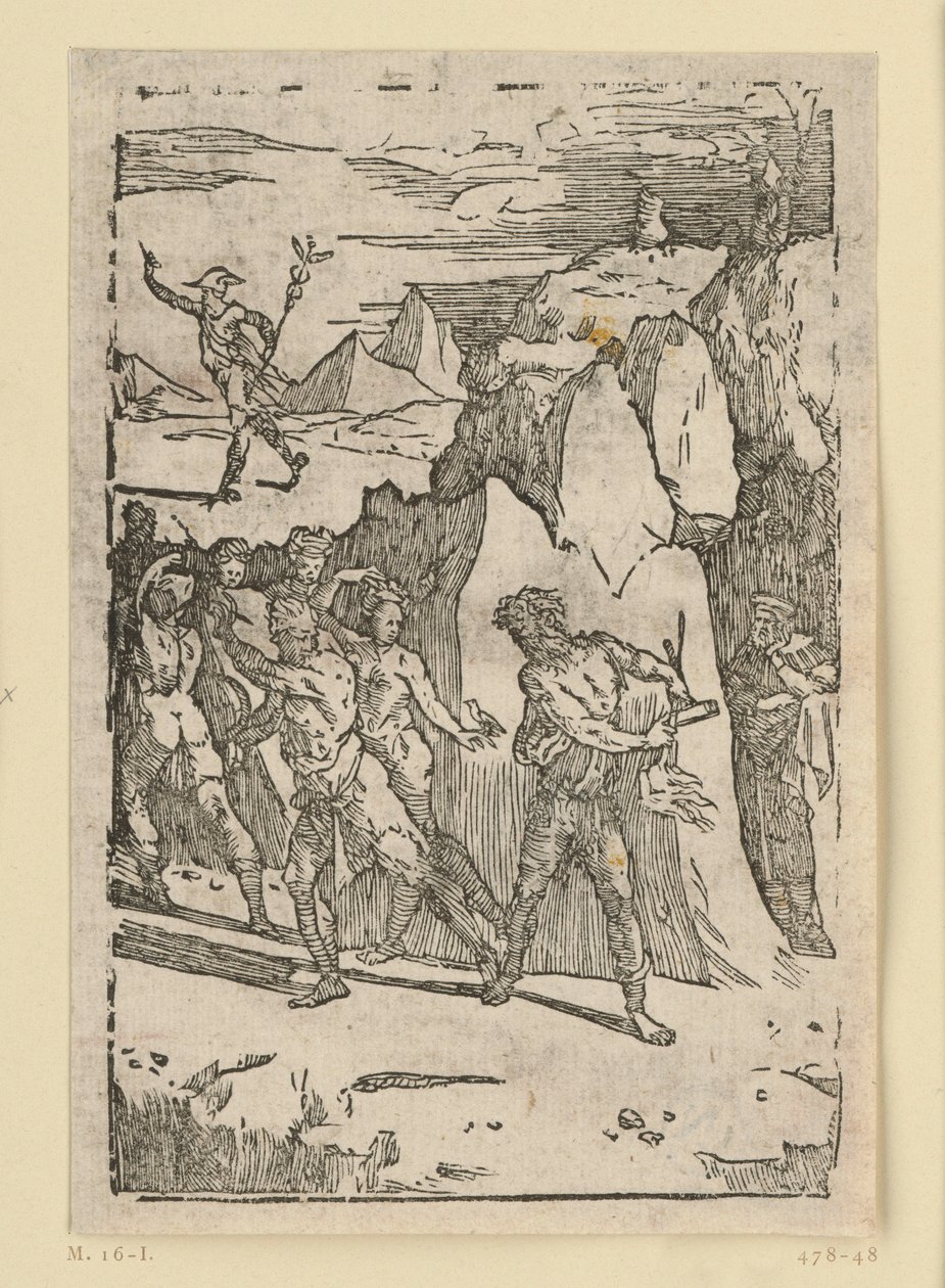 Allegorie der Metallgewinnung. Die Metalle haben das Berginnere verlassen und ergreifen die Flucht, als Vulkan (Hephaistos) sie auffordert, ihm in die Schmiede zu folgen. Aus der Folge "De re metallica". von Domenico Beccafumi