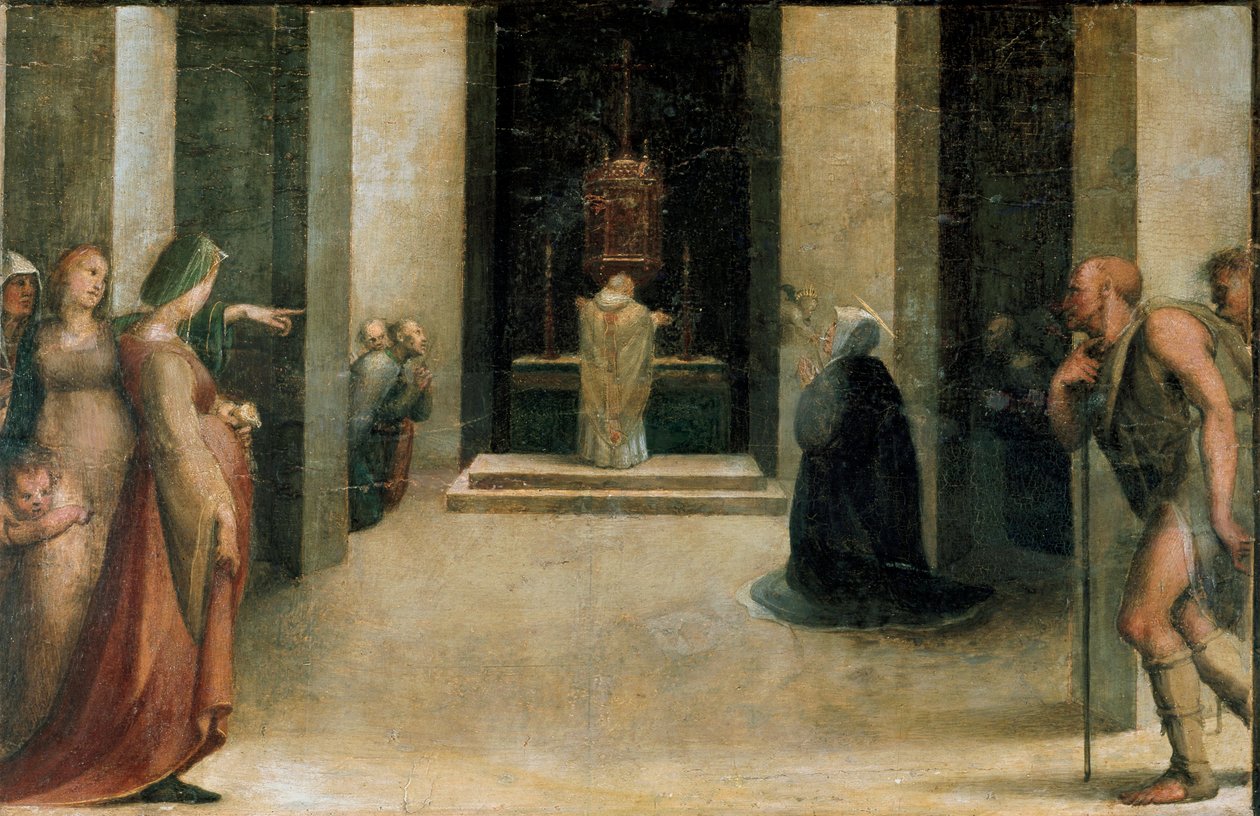 Altarbild der Stigmata der Heiligen Katharina. Detail der Predelle: Heilige Katharina von Siena empfängt die Eucharistie von einem Engel von Domenico Beccafumi