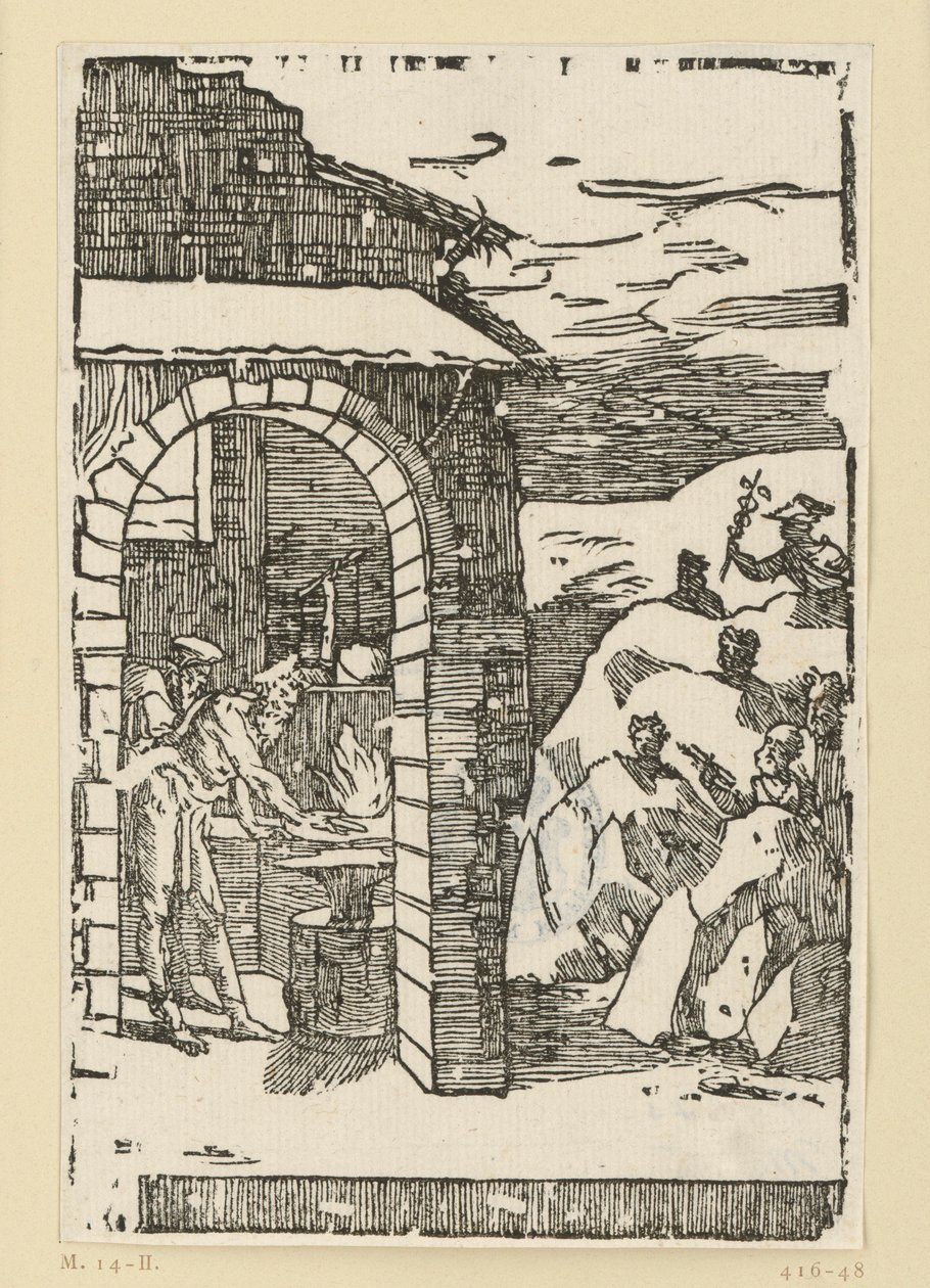 Der Ruf der Metalle. Hephaistos (Vulkan) und ein Gelehrter stehen am Feuer einer Schmiede, während draußen in den Felsen die Götter (als Repräsentanten der Metalle) versteckt sind: Saturn (Blei), Jupiter (Zinn), Venus (Kupfer), Luna (Silber), Merkur (Queck von Domenico Beccafumi