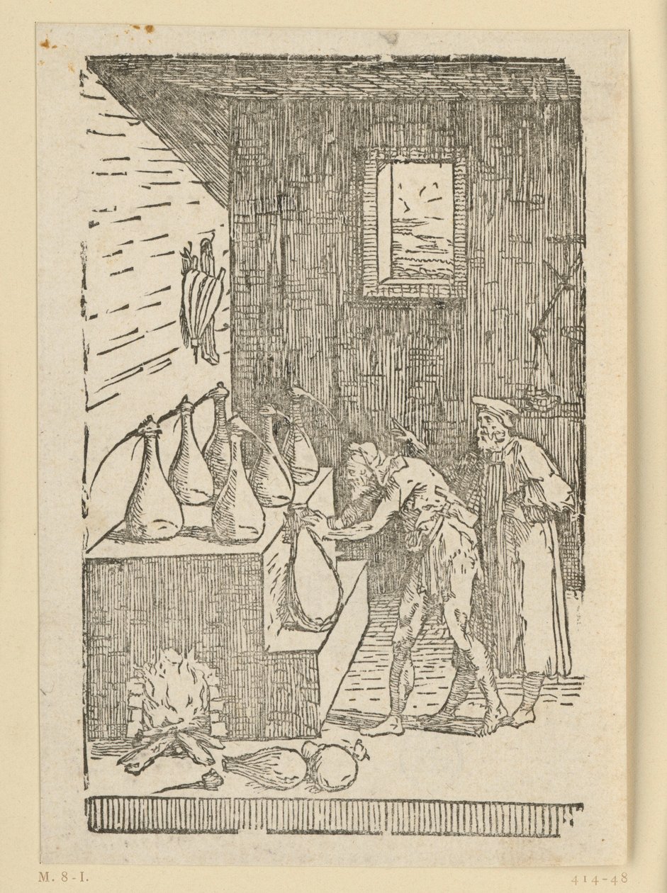 Die Destillation durch den Chemiker oder Alchemisten. Aus der Folge "De re metallica". von Domenico Beccafumi