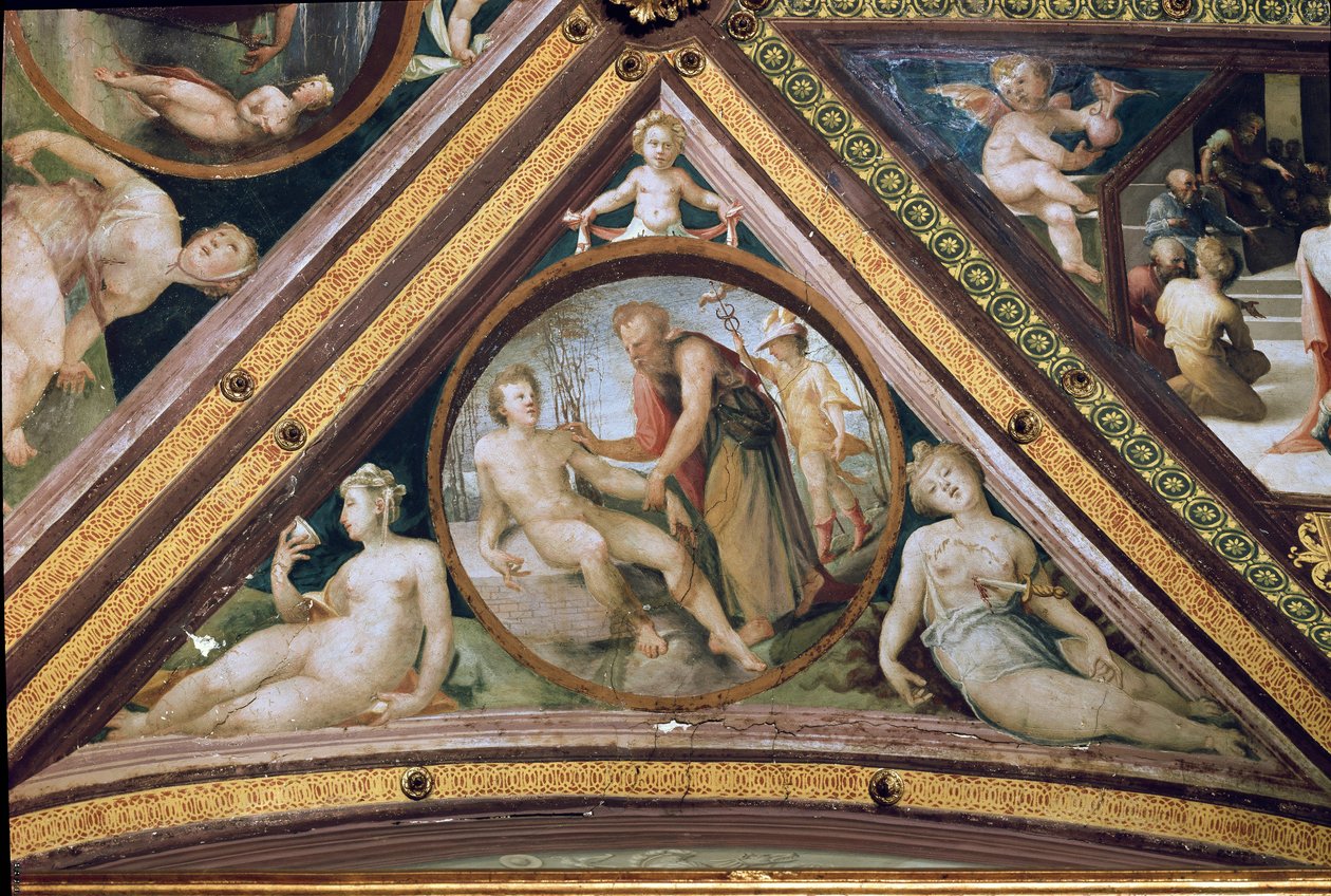 Prometheus erschafft den Menschen unter dem Blick von Merkur, der einen Helm und geflügelte Sandalen trägt (Fresko) von Domenico Beccafumi